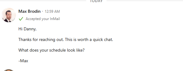 Max accepts the InMail and replies